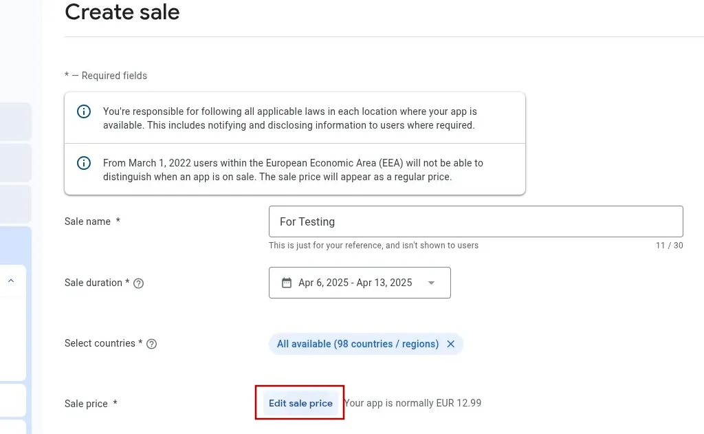 A screenshot of the filled out form for creating a sale.