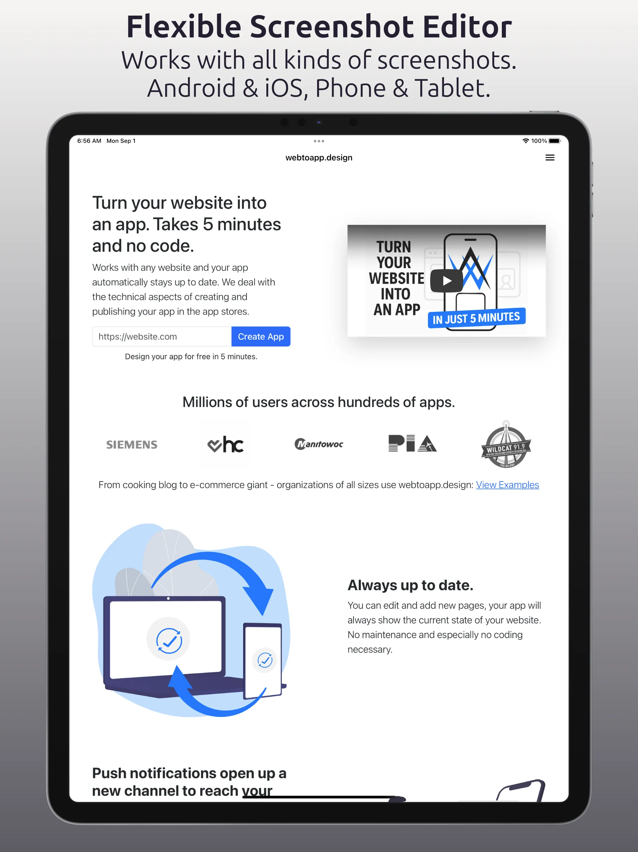 An iPad screenshot of the webtoapp.design app with the text "Flexible Screenshot Editor: Works with all kinds of screenshots. Android & iOS, Phone & Tablet." above it.