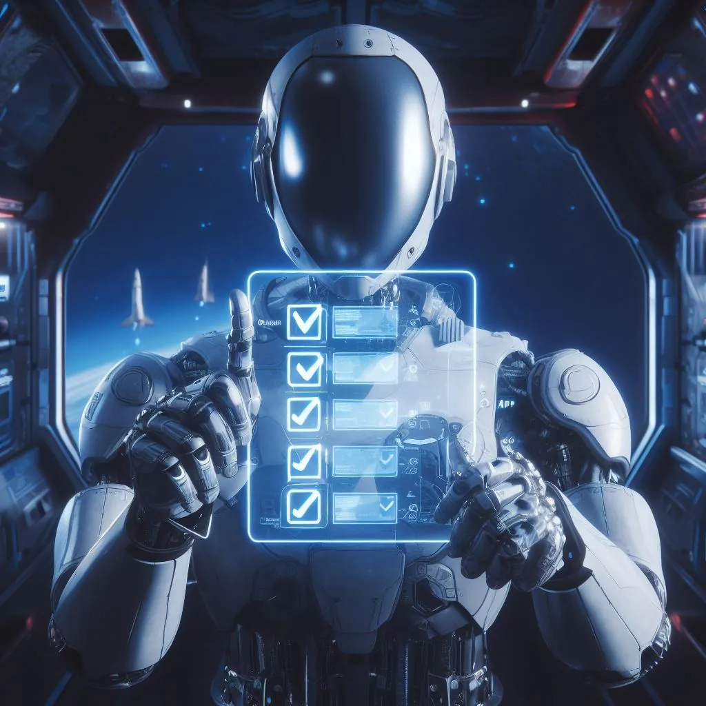 A humanoid robot ticking checkboxes on an app identifier in a spaceship, digital art