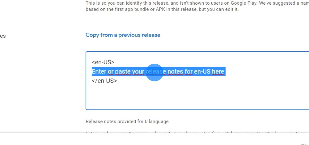 Enter a description for the app release, for example
