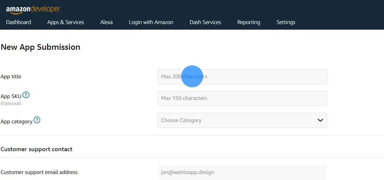 Enter the name of your app, the category and company and contact information.