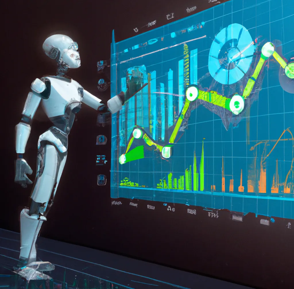 A humanoid robot pointing at an analytics dashboard, digital art