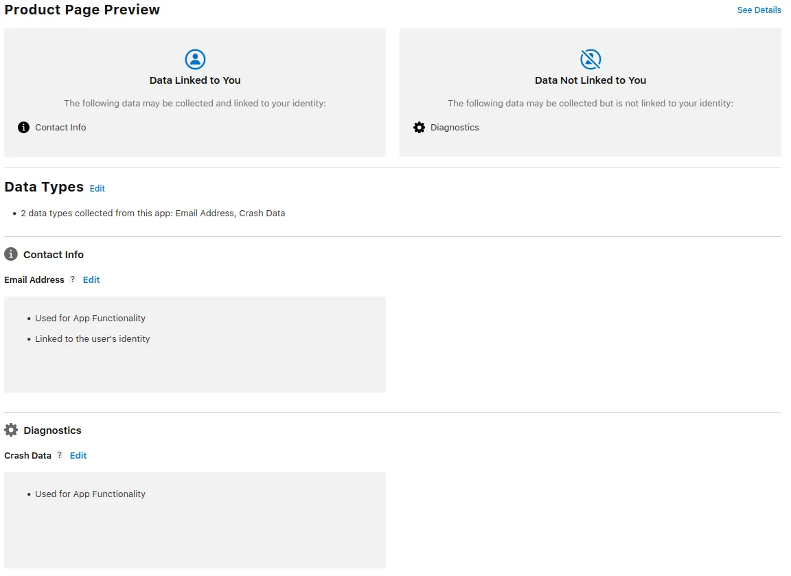 A screenshot of the finished privacy screen with all data types fully set up.