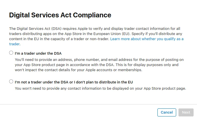 A screenshot of the digital services act compliance dialog in App Store Connect.