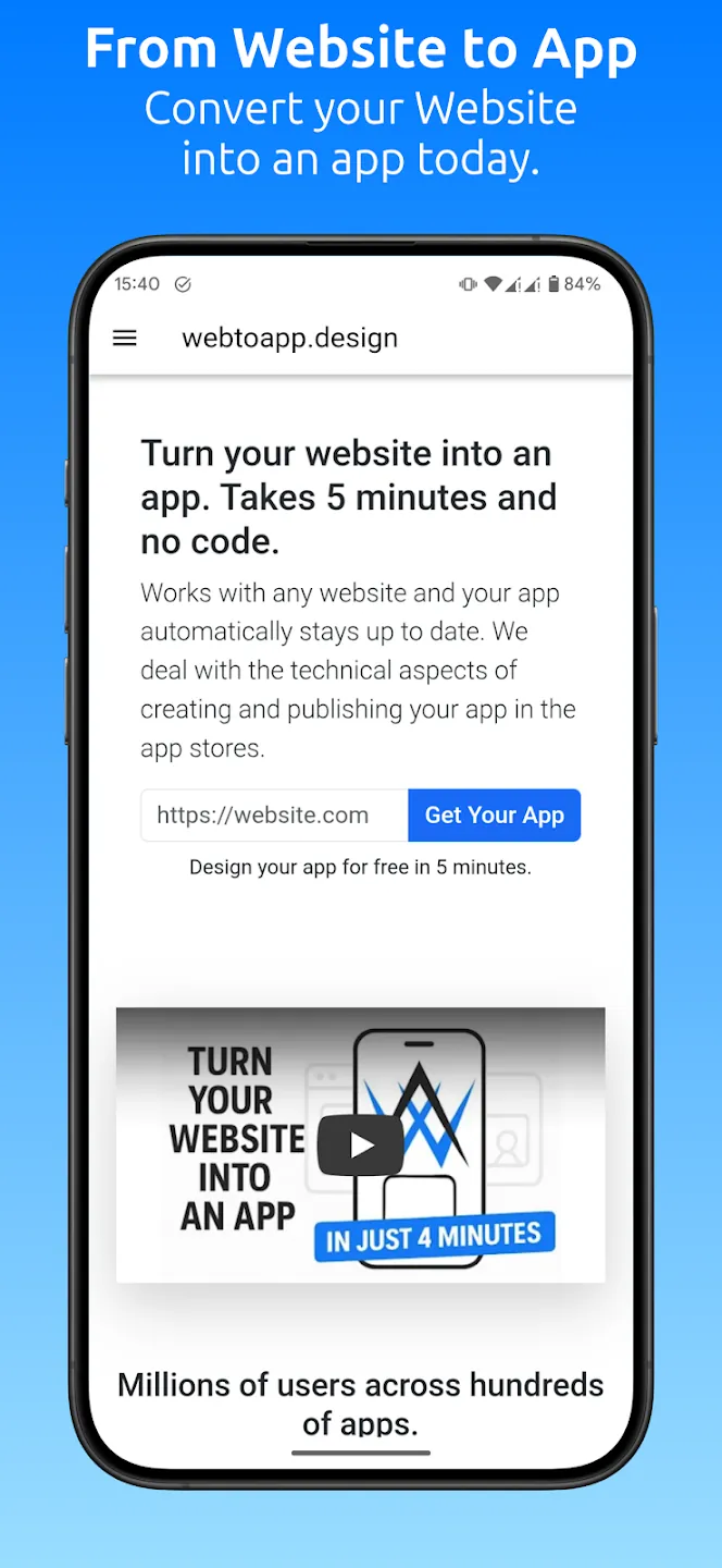A phone screenshot of the webtoapp.design app with the text "From Website to App: Convert your Website into an app today" above it.