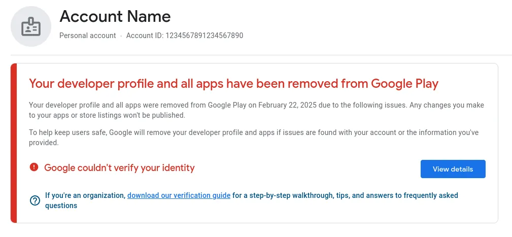 A screenshot of the "Google couldn't verify your identity" alert in the Google Play Console.