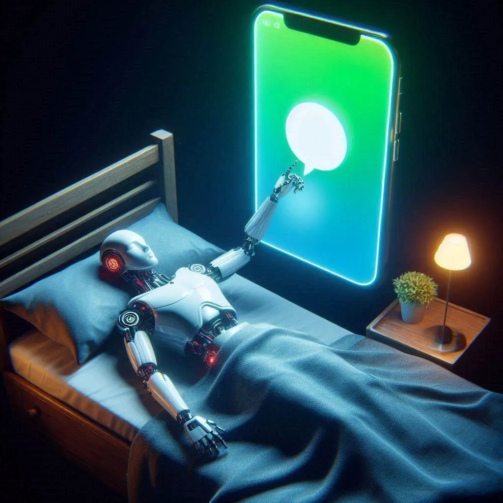 A push notification waking up a sleeping humanoid robot, digital art