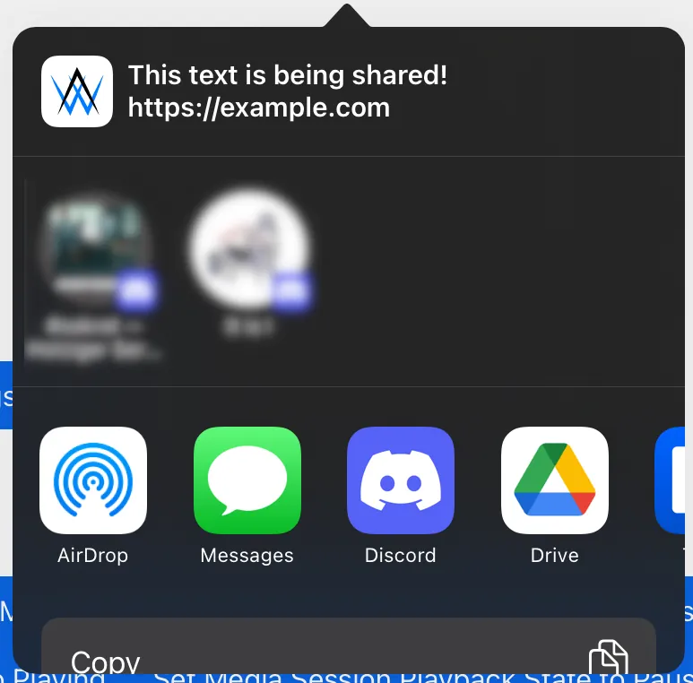 A screenshot of the native iOS share dialog with the text 
