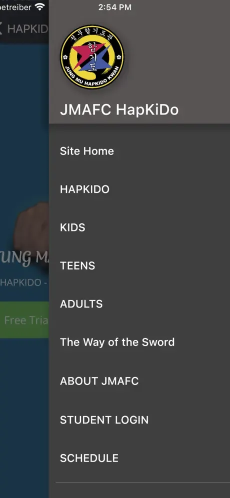 A screenshot of the JMAFC HapKiDo mobile app created by converting their website into an app