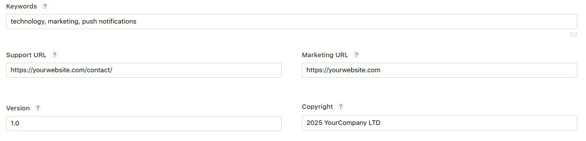 A screenshot of the keywords, support URL, marketing URL ad copyright fields.