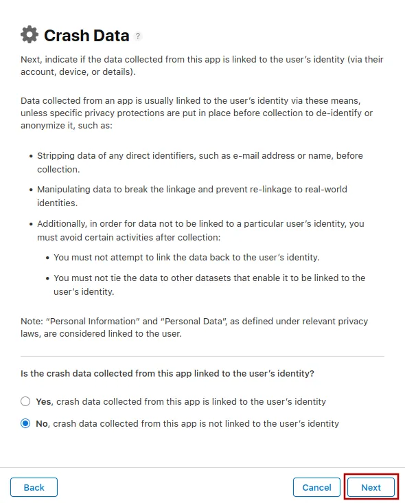 A screenshot of the dialog where it's selected that crash data is not linked to the user's identity.