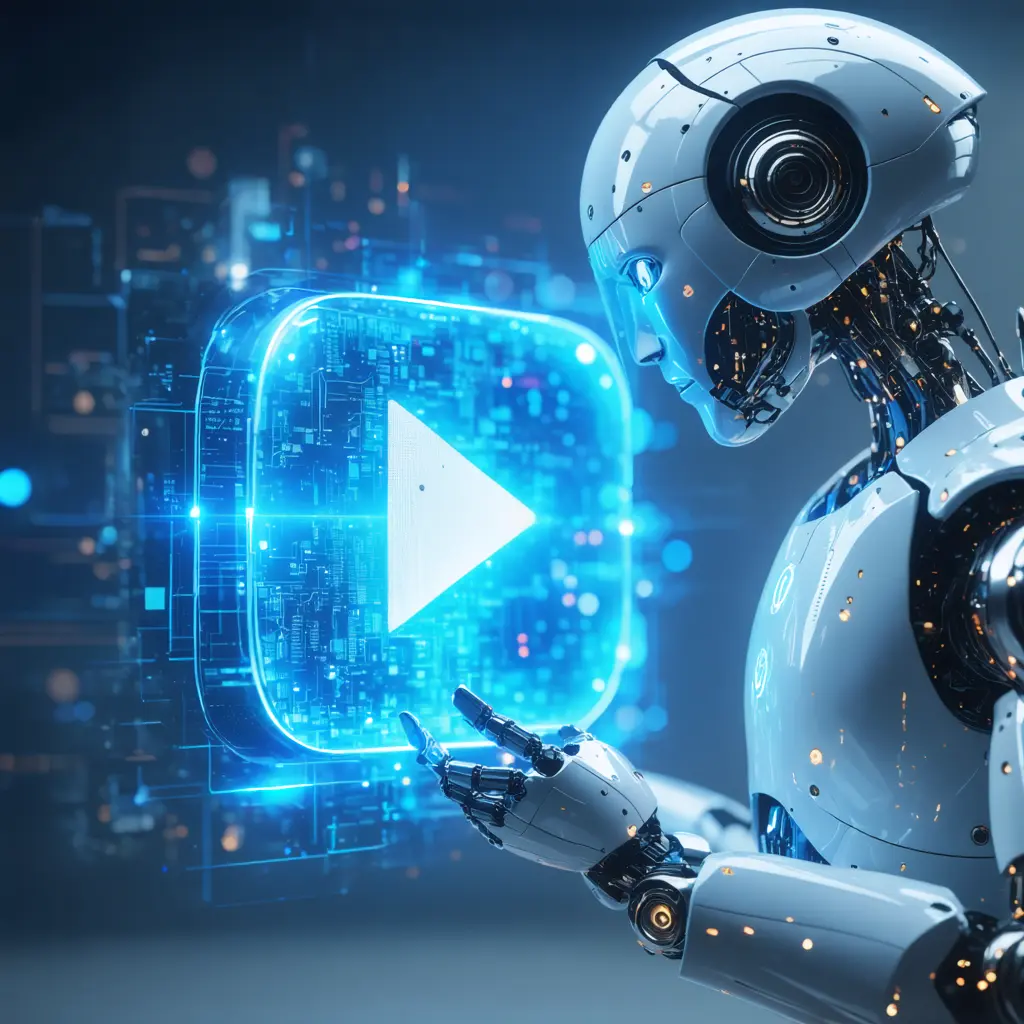 A humanoid robot pressing a floating play button with a blue glow, digital art