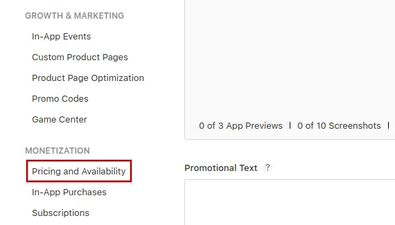A screenshot of the app store connect menu with the pricing and availability button in the monetization category.