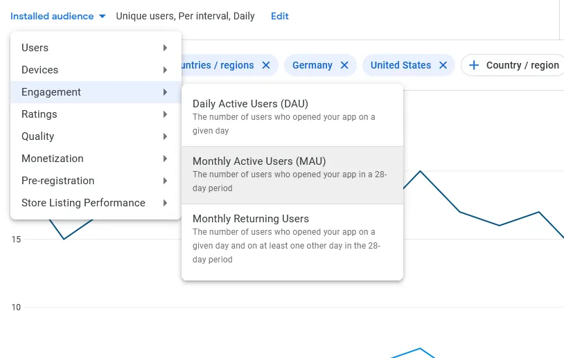 A screenshot showing the menu where you can choose between various statistics about your app.