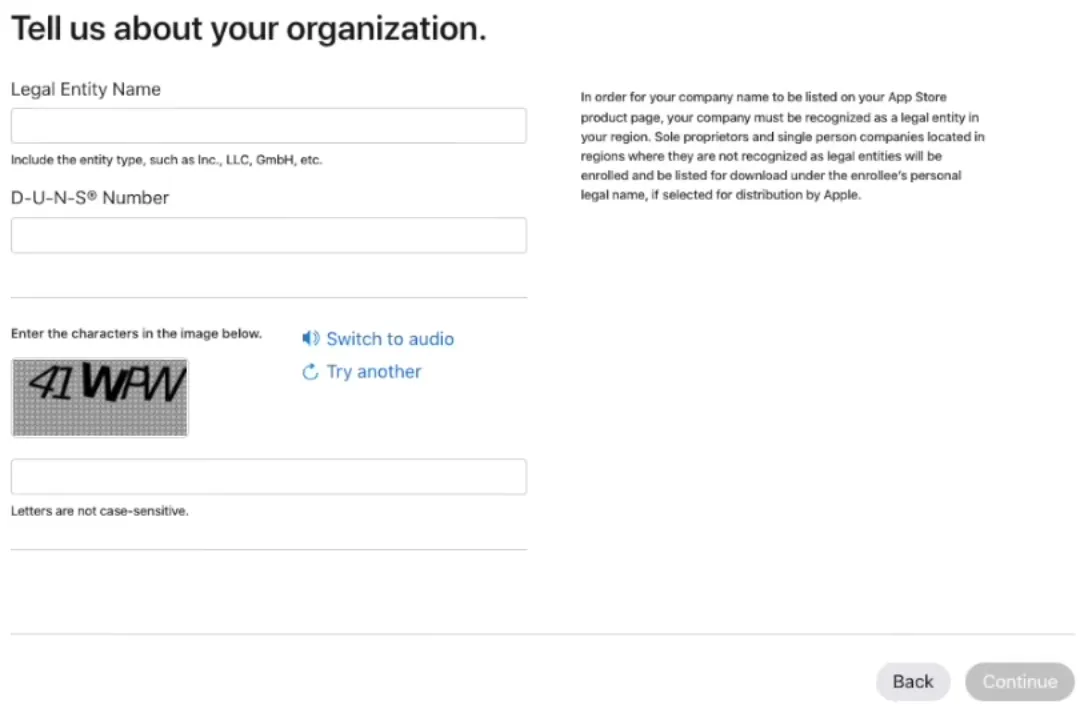 A screenshot of the organization information fields, including the legal company name and the DUNS number.