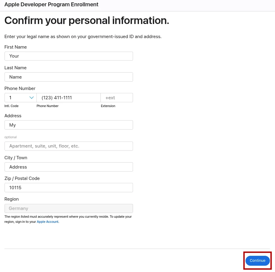 A screenshot of the personal information form including fields for the name and address.