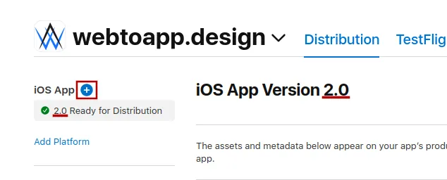 A screenshot highlighting the current version number and the add version button in App Store Connect.