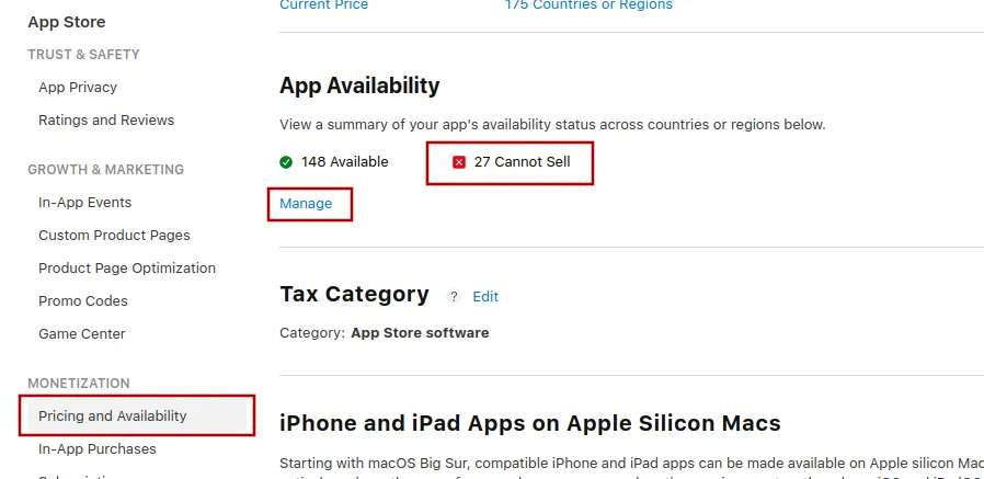 A screenshot of the "App availability" section in App Store Connect showing that the app can't be sold in 27 countries.