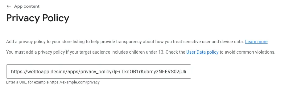 A screenshot of the input field where you can enter a link to your website's privacy policy.