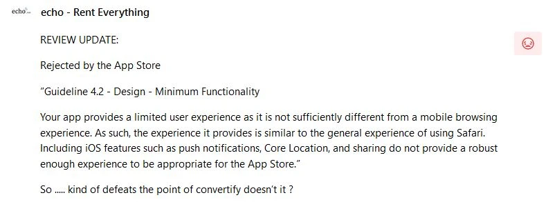 A ProductHunt user receives his app and promptly gets rejected from the App Store.