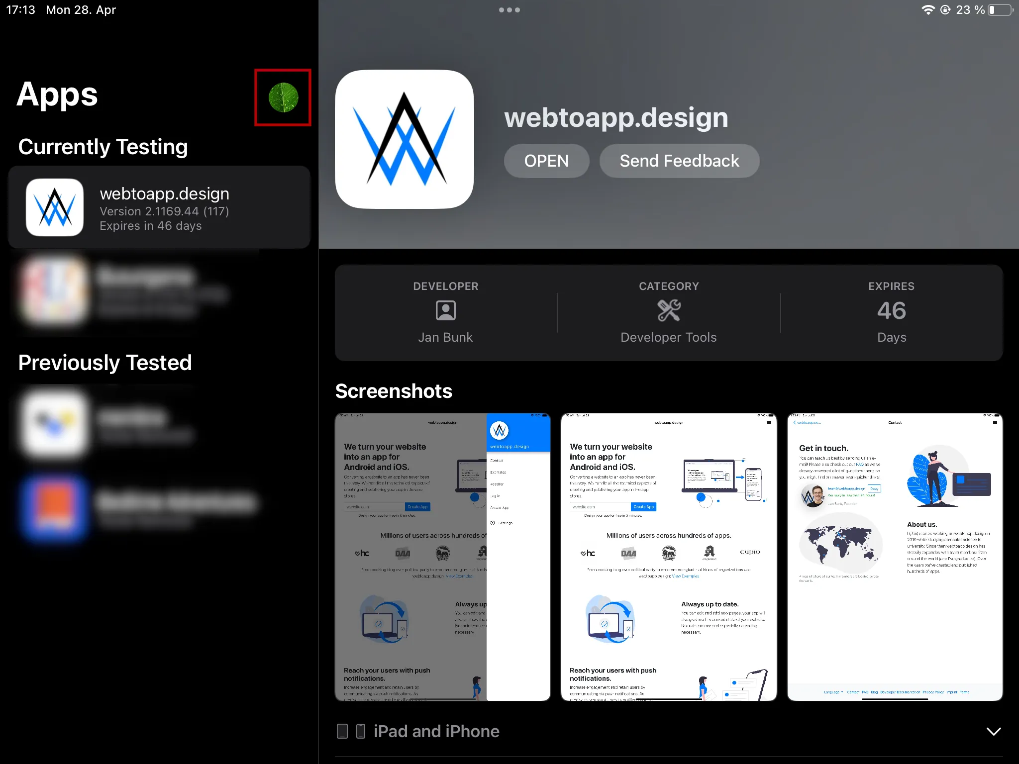 A screenshot of the TestFlight app with the profile picture highlighted.