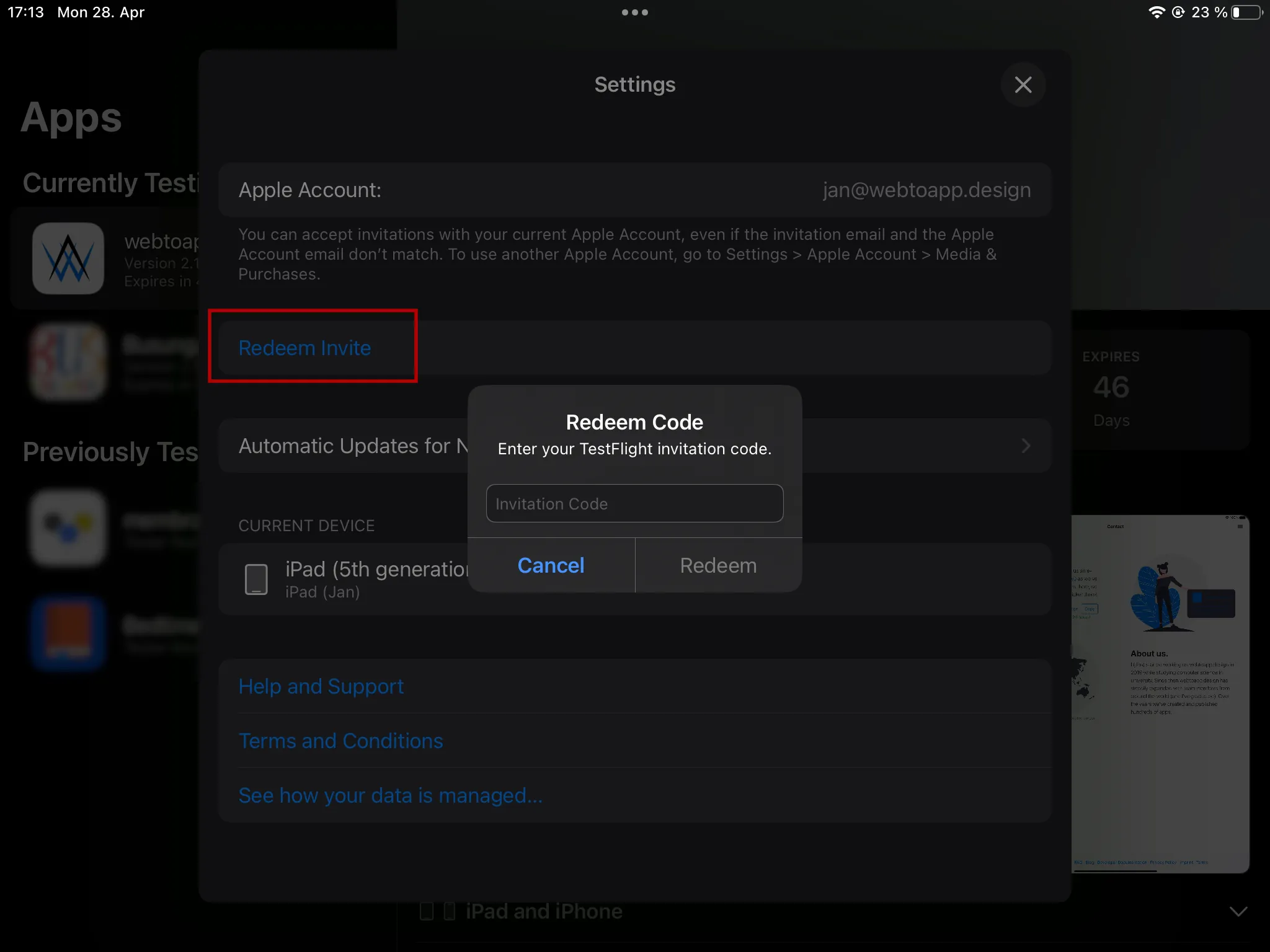 A screenshot of the redeem dialog in the TestFlight app.