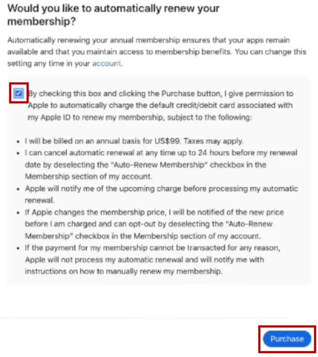 The checkbox to opt into automatic yearly developer program membership renewal.