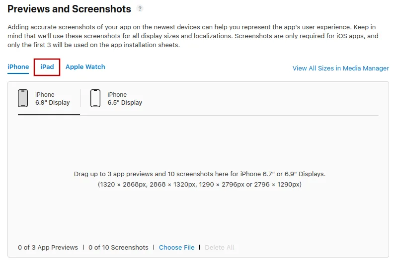 The App Store Connect section where you can upload your iPhone screenshots.