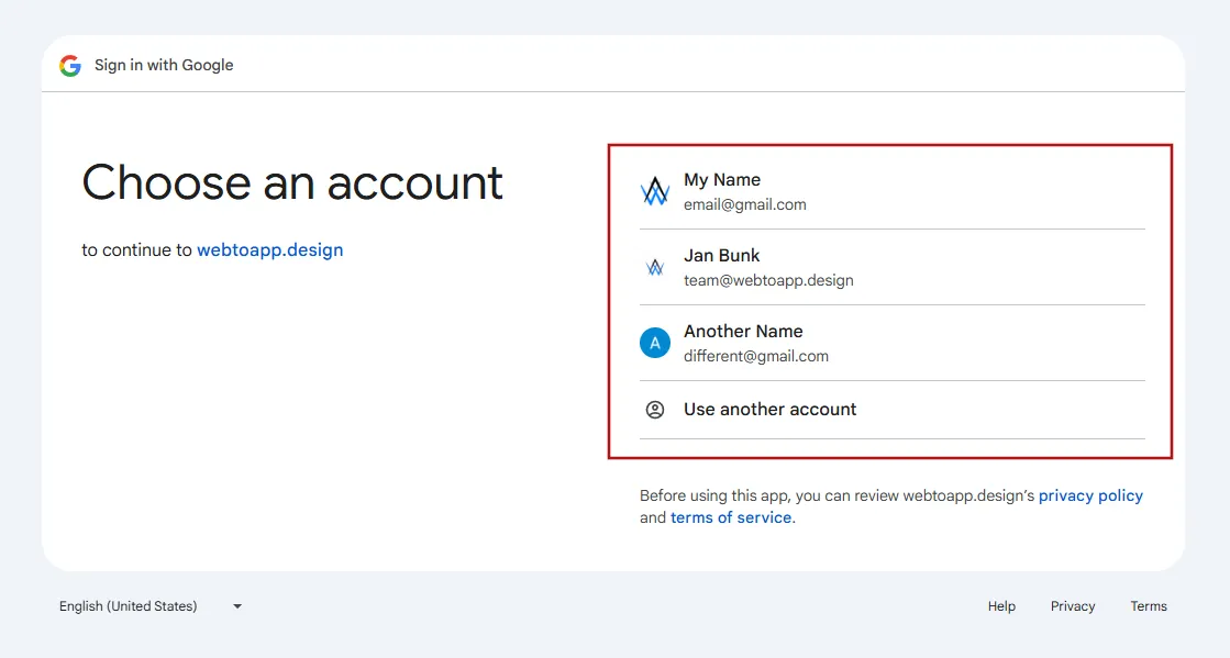 A screenshot of Google's account selection screen.