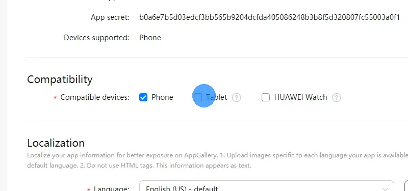 Select "Phone" and "Tablet" in the compatibility section.