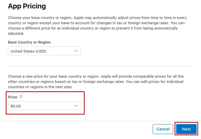 A screenshot of the dialog where you can select the base country and price for your app.