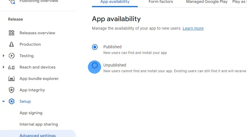 Select "Unpublished" under app availability.