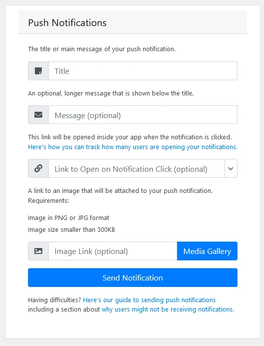 The form to send a notification from your WordPress dashboard.