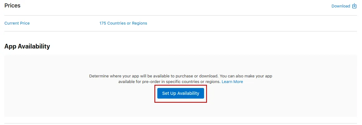 A screenshot of the app availability section with the set up button highlighted.