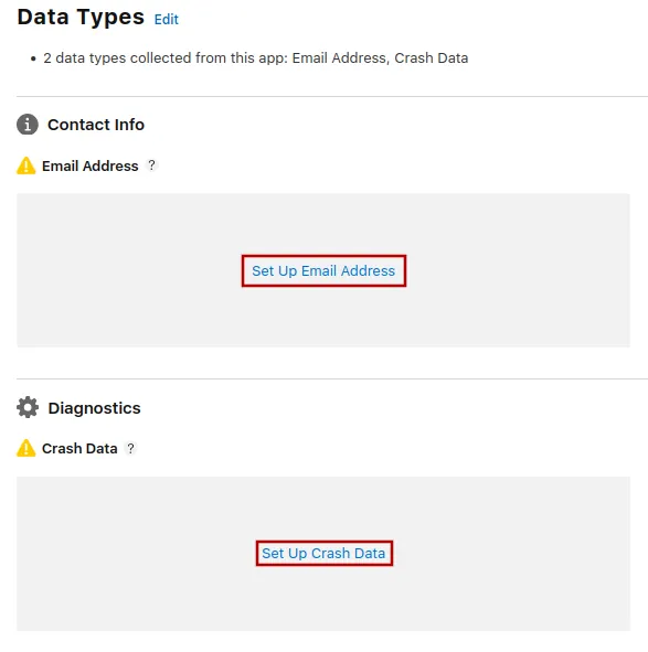 A screenshot of all the data types that were previously selected and can be set up now.