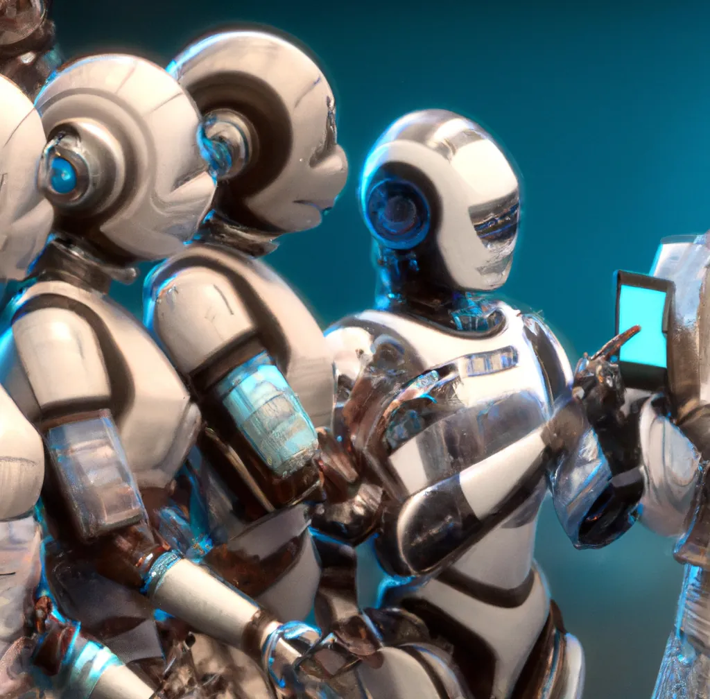 A robot showing an app to other robots, digital art