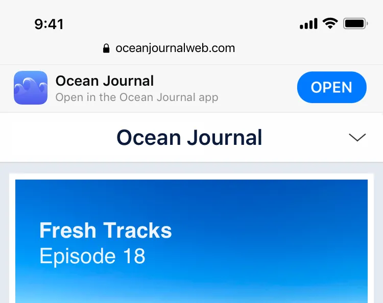 A screenshot of a website in Safari with a smart app banner at the top of the screen, including the button "Open".
