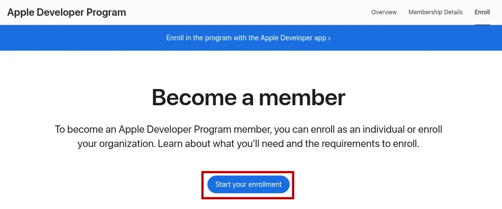 A screenshot of the Apple developer program homepage with the start enrollment button highlighted.