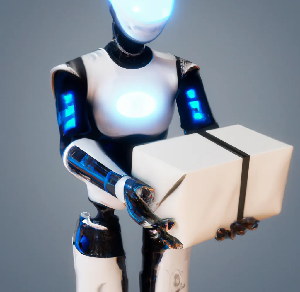 A cute humanoid robot handing over a package with a blue glow, digital art