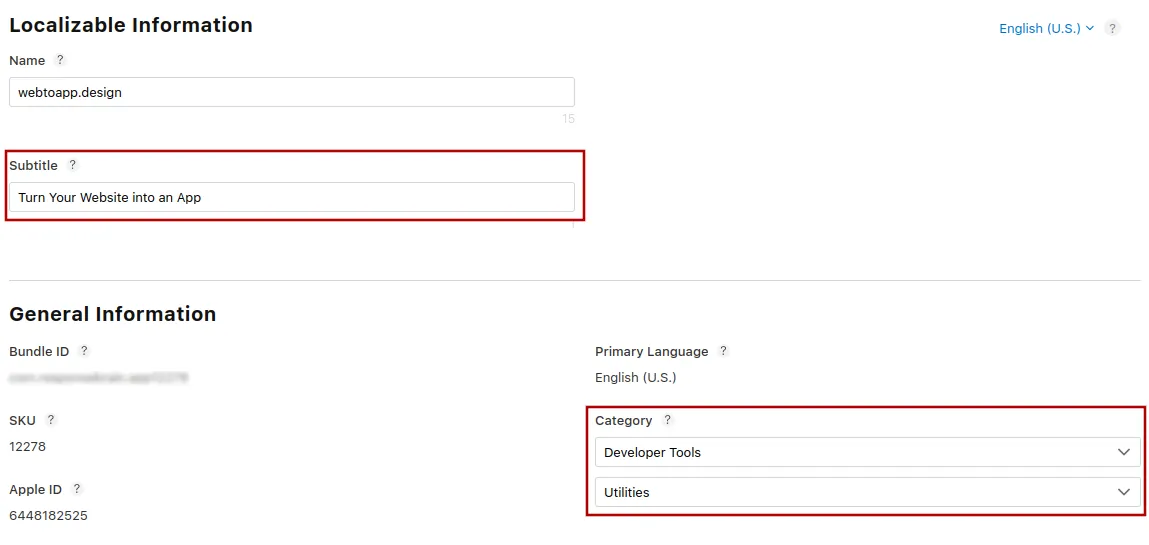 Screenshot of the filled out subtitle and category fields in App Store Connect.