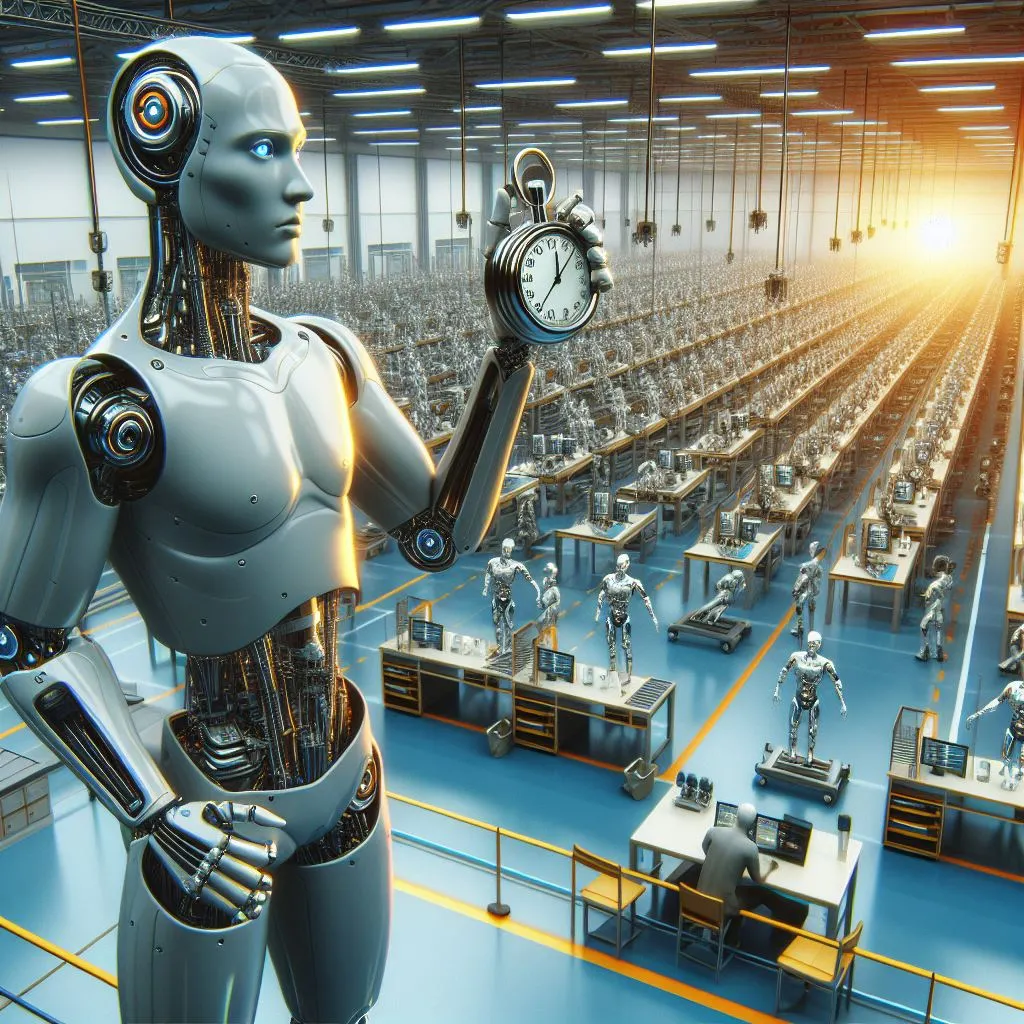 A humanoid robot with a physical stopwatch overseeing a factory floor of robots working at desks, digital art