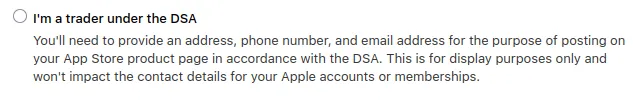 A screenshot of the "I'm a trader under the DSA" option in App Store Connect.