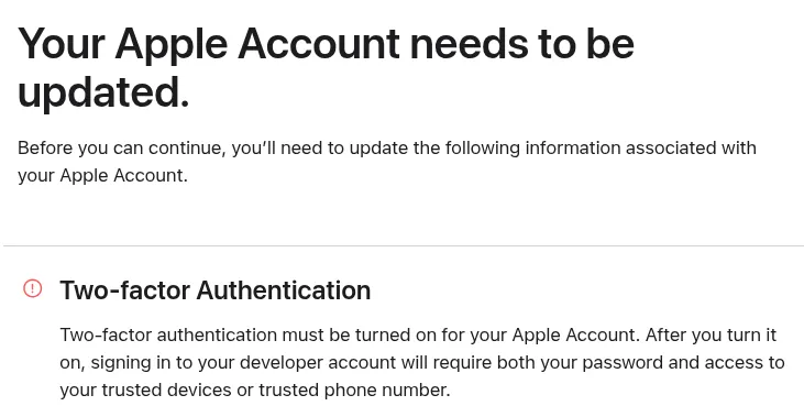 A screenshot of Apple's message saying to enable two factor authentication.
