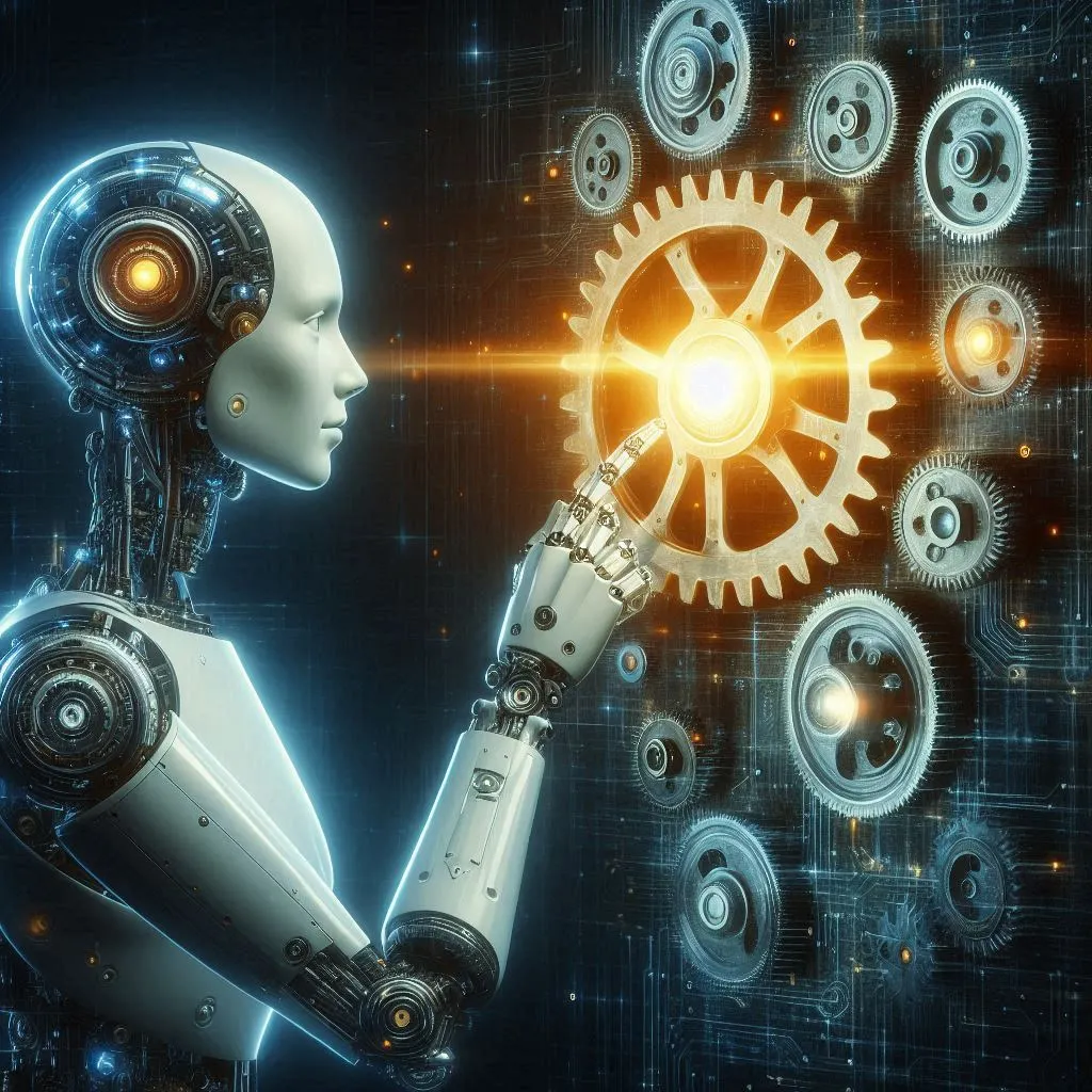 A humanoid robot replacing a highlighted gear of a machine, digital art