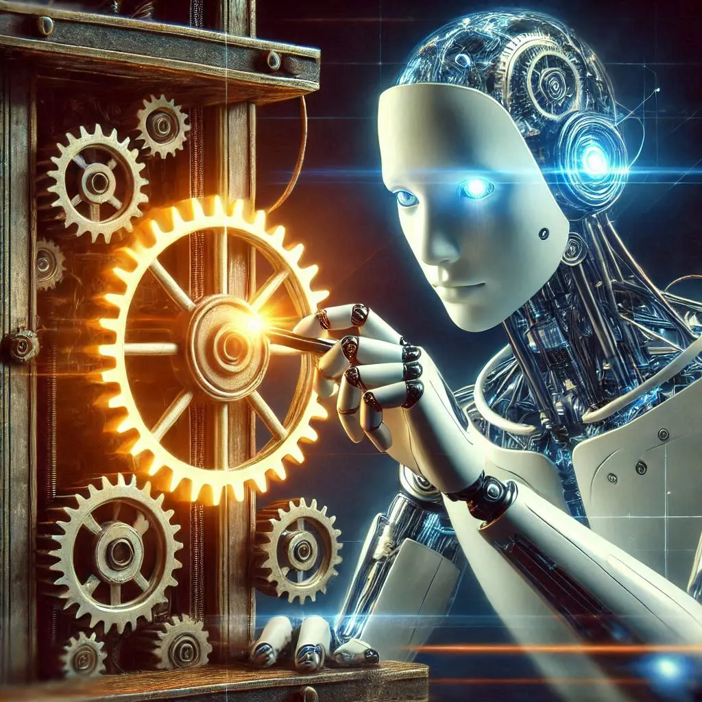 A humanoid robot replacing a highlighted gear of a machine, digital art