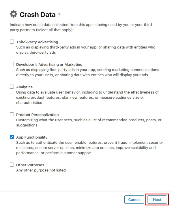 A screenshot of app functionality selected as the reason for data collection.