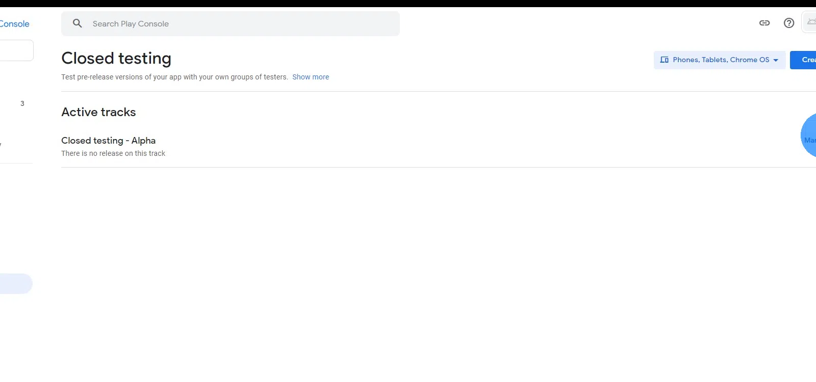 On the "Closed Testing - Alpha" track, click "Manage track" on the right.