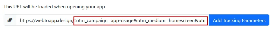 A screenshot of an app's URL configured to include UTM parameters.