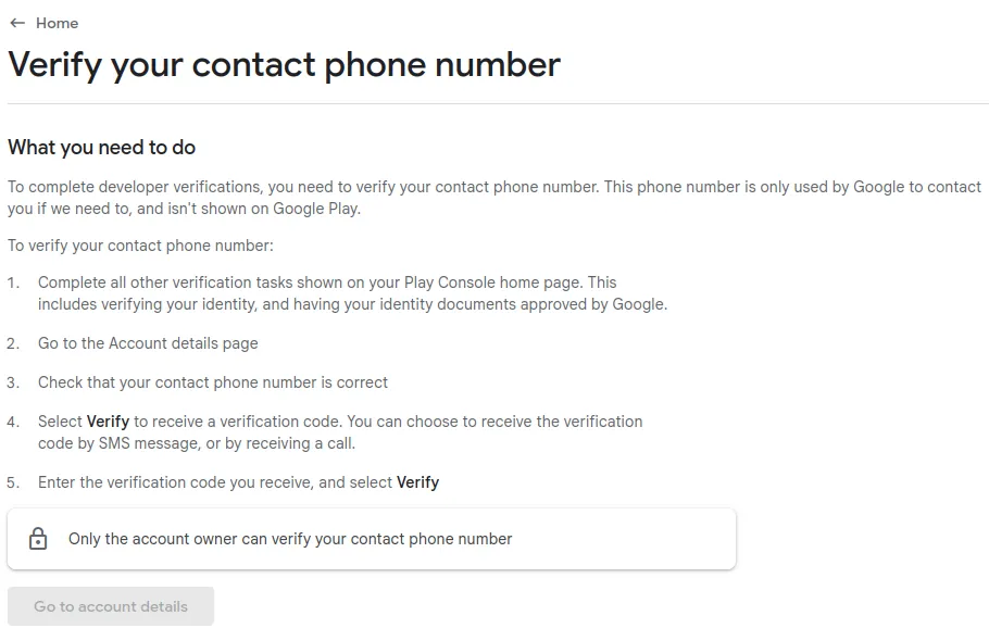 A screenshot of the Google Play Console explaining how to verify your phone number.