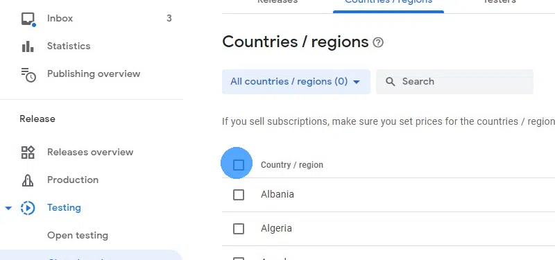 A screenshot of clicking the checkbox that selects all countries.